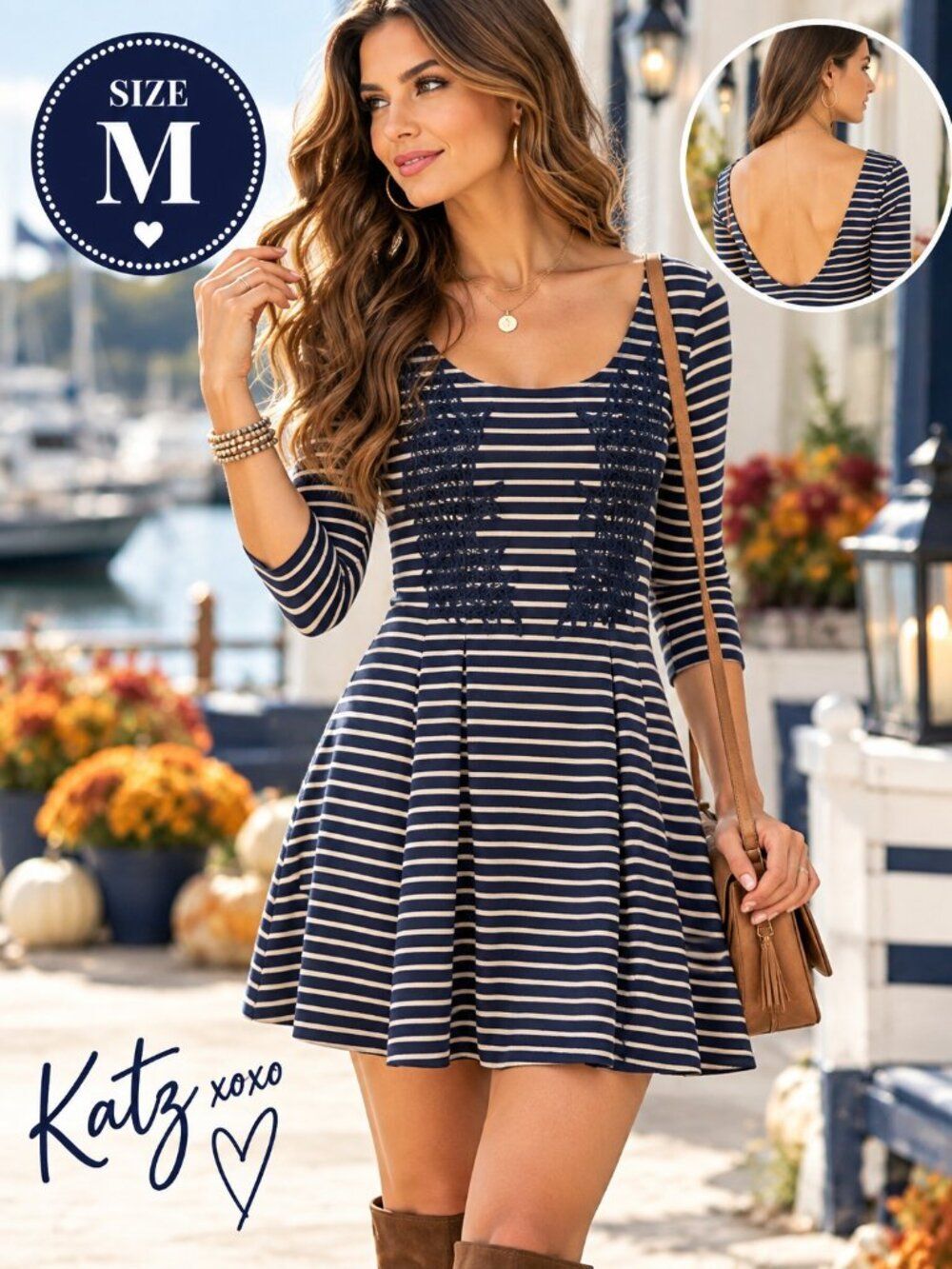 Free People M Nautical Knotty Navy Stripe Lace Skater Mini Dress Scoop Back